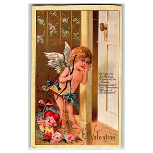 Vintage 1909 Valentine Postcard Cupid Listening Door Poem Embossed Antique